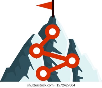 Climbing mountain with red flag. Points and stages of route. Mountaineering and sports. Cartoon flat illustration. Business motivation in personal growth. Self-development and success
