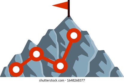 Climbing mountain with red flag. Points and stages of route. Business motivation in personal growth. Self-development and success. Mountaineering and sports. Cartoon flat icon