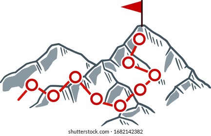 Climbing mountain with red flag. Points and stages of route. Business motivation in personal growth. Self-development and success. Mountaineering and sports. Cartoon hand drawn illustration