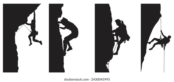 climbing mountain. rock climbing sport. separate objects. female male. vector illustration. black isolated white background