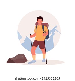 Climbing mountain trails. Tourist with backpack. Tourism. Outdoor Hiking
