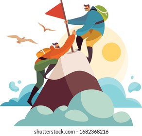 Auf einem Berg eroberten zwei männliche Figuren den Gipfel des Berges, Vektorillustration-Illustration einzeln auf weißem Hintergrund. Männliche Charaktere, Campingkonzept im Freien und Tierwelt. Farbiger Flachstil.