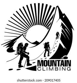 Climbing A Mountain. Vector Illustration In The Engraving Style