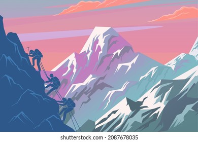 Climbing on mountain. Silhouette traveling people. Vector illustration hiking and climbing team. Squad of three mountaineer alpinists with backpacks climb the slope of the mountain with a taut rope