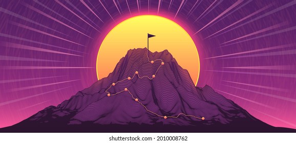 Climbing Path To Mountain Peak. Journey Route, Sucess Flag On Top And Goal Reach Vector Illustration