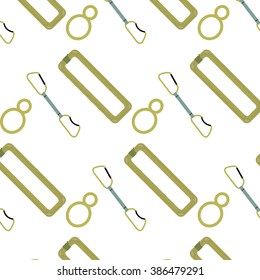 Climbing pattern belay device rope and quickdraw. Seamless safety pattern, mountaineering pattern endless, climbing equipment sport. Vector abstract flat design illustration