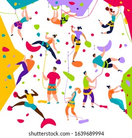 Climbing people active characters vector illustration set. Mountain extreme sport climbers on high wall. Extreme mountaineers climb workout flat style isolated on white background.