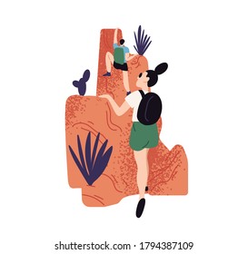 Climbing People, Trekking, Hiking Couple In Canyon. Young Friends Spend Time In Cliff Mountains. Summer Vacation, Active Sport Tourist. Flat Vector Cartoon Illustration Isolated On White Background