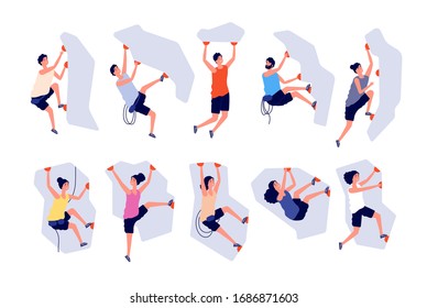 Climbing people. Woman man extreme adventure. Male climbs wall, strong sport. Person on mountain or cliff with equipment vector illustration