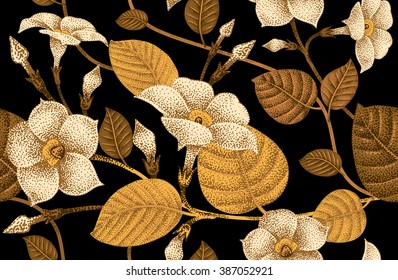 Planta trepadeira hera. Padrão floral sem emenda. Trepadeira de flores de jardim. Ilustração vetorial - design de modelo de embalagem de luxo, têxtil, papel. Ramo dourado, folhas, flores em fundo preto.