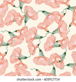 Climbing plant ivy. Vector seamless floral pattern. Garden. Illustration - template design luxury packaging, textile, paper. Pink flowers, branches, leaves on white background.