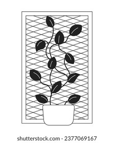 Climbing plant on grid frame black and white 2D cartoon object. Wall of leaves isolated vector outline item. Summer display. Woodwork window with creeping plants monochromatic flat spot illustration