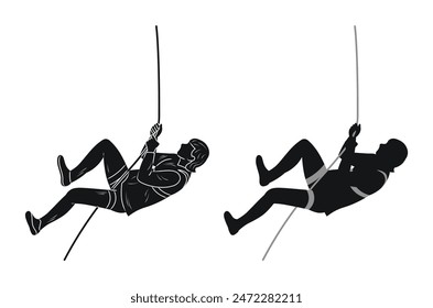 Climbing, rock climbing, silhouette man, climb to mountain with rope
