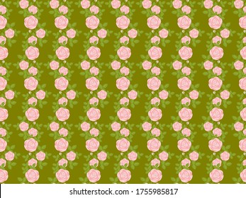 Climbing roses seamless pattern wallpaper. Vintage floral background. Nature pink and green theme. Flat design. Botanical illustration.