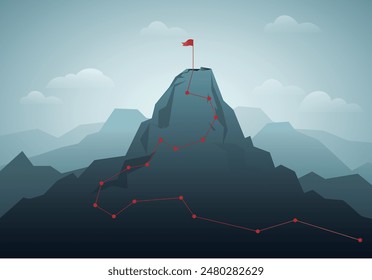 Ruta de escalada a la montaña pico. Éxito empresarial y concepto de estrategia.