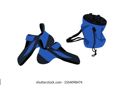 Climbing shoes pair and chalk bag isolated on white background. Vector illustration.