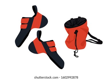 Climbing shoes pair and chalk bag isolated on white background. Vector illustration.
