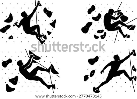 Climbing silhouettes, indoor bouldering wall icons, rock climber training, athletic man practicing extreme sports, fitness hobby activities, mountain climbing gear, competitive bouldering exercises, active lifestyle.