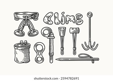 climbing sit harness, figure, chalk bag, anchor, wall grips, stopper, chock, fastener safety gears hatching engraving illustration element designs set for adventure, explorer, mountaineer, climber