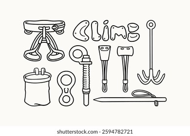 climbing sit harness, figure, chalk bag, anchor, wall grips, stopper, chock, fastener safety gears outline line art icon symbol element designs set for adventure, explorer, mountaineer, climber