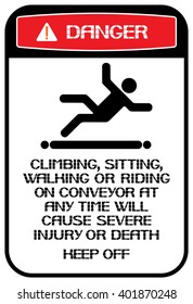 Climbing , sitting,walking or riding on conveyor at any time will cause severe injury or death keep off.
Danger. Poster characterize working conditions for workers and employees.