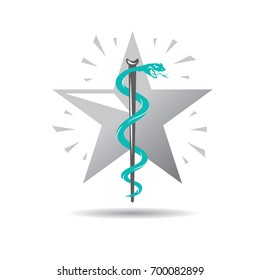 Climbing a snake on a tree against the background of a star. Isolated vector icon, pharmacy sign, medical symbol