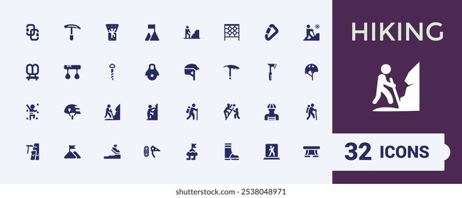 Climbing solid icon collections. Contains related to outdoors, hiking, climber, climbing, tourism, adventure, . Filled symbol collection. Editable vector icon and illustration.