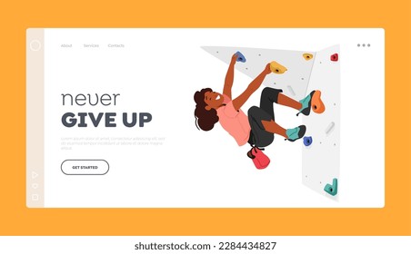 Climbing Sports Landing Page Template. Child Climbing High Up A Challenging Rock Wall with Concentration. Little Girl Character Feel Thrill Of Adventure, Activities. Cartoon People Vector Illustration