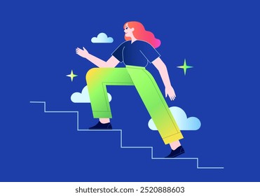 Die Treppe hochklettern. Geschäftsfrau, die auf einer Leiter in Richtung eines Ziels geht. Karrierewachstum, Motivation, Erfolgskonzept. Person auf der Treppe. Aufstieg an die Spitze. Isolierte Vektorgrafik