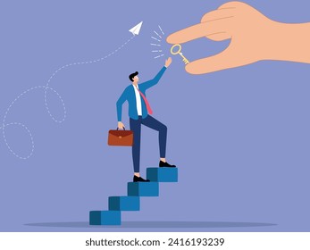 Climbing stairs and obtaining the key represent a business concept where achievement requires perseverance. It symbolizes the journey of reaching a target in the business world. This visual concept em