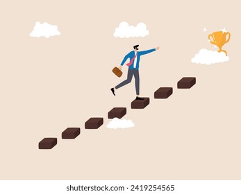 Climbing the stairs, pointing to the trophy behind the clouds. The highest achievement in business, the ladder as a symbol of determined steps towards success, and the trophy as an achieved goal.