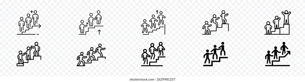 ícone de subir escadas juntos, Ícone de três membros da equipe subir escadas juntos simbolizando o progresso através do trabalho em equipe, colaboração para o sucesso, suporte da equipe corporativa, crescimento profissional