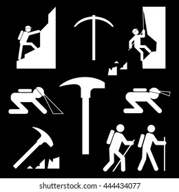 Climbing symbols set.
Various human activities on rough rocky, rocky terrain.