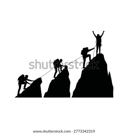 Climbing team silhouette on rocky mountain peak black and white