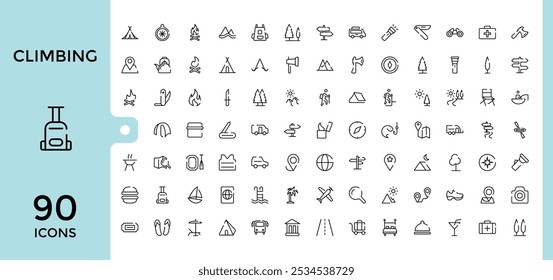 Climbing thin line icons set. Includes thin line tourism, climber, adventure, hiking, climbing, outdoors and more. Pixel perfect. Editable vector icon and illustration.