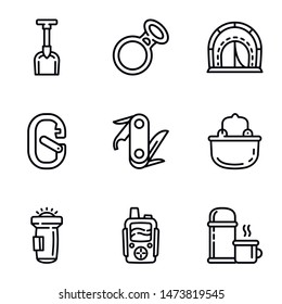 Climbing tools icon set. Outline set of 9 climbing tools vector icons for web design isolated on white background