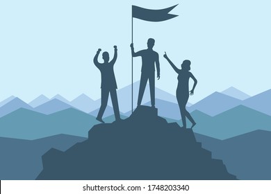 Climbing to the top of the mountain. A group of climbers climbed to the top of the mountain with a flag. Vector illustration banner mountain climbing and active tourism. Vector.