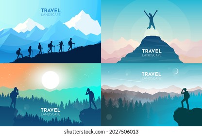 Climbing to the top. Travel concept of discovering, exploring, observing nature. Hiking tourism. Adventure. Minimalist graphic flyers. Polygonal flat design. Collection set of vector illustrations.