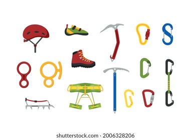 Climbing and tourist equipment icons set of flat vector illustrations isolated on white background. Tools and safety outfit elements for speleology and hiking.