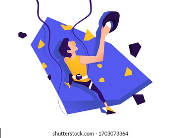 Climbing training wall with grips and holds. man climbing drawing. Stylized climbing wall isolated on a white background. Sports bouldering. Graphic Design Climb Editable. Vector illustration