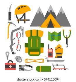 Climbing trekking equipment vector set.