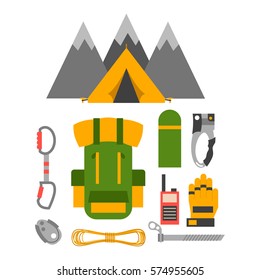 Climbing trekking equipment vector set.
