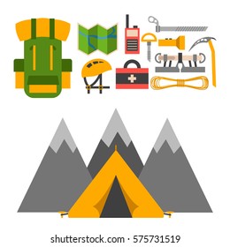 Climbing trekking equipment vector set.