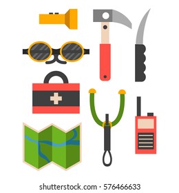 Climbing trekking equipment vector set.