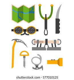 Climbing trekking equipment vector set.