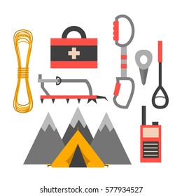 Climbing trekking equipment vector set.