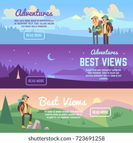 Climbing, Trekking And Hiking Vector Horizontal Banners Set. Active Travel Banner, Adventure And Wanderlust Brochure, Illustration