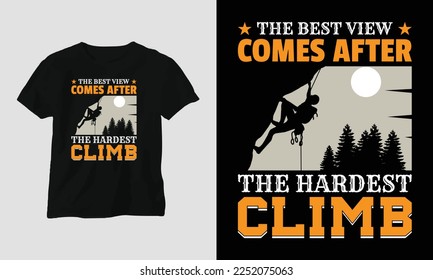 Climbing t-shirt design concept. Designed with Mountain, Silhouette, trees and vintage style.