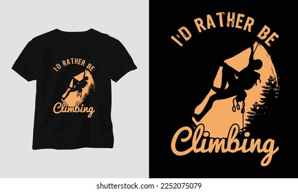 Kletterndes T-Shirt-Design-Konzept. Entworfen mit Berg, Silhouette, Bäumen und Vintage-Stil.