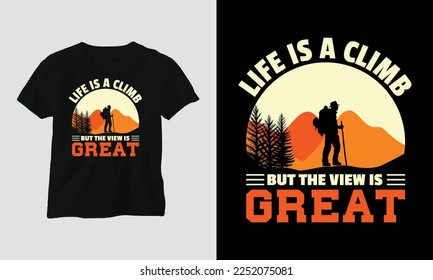 Climbing t-shirt design concept. Designed with Mountain, Silhouette, trees and vintage style.